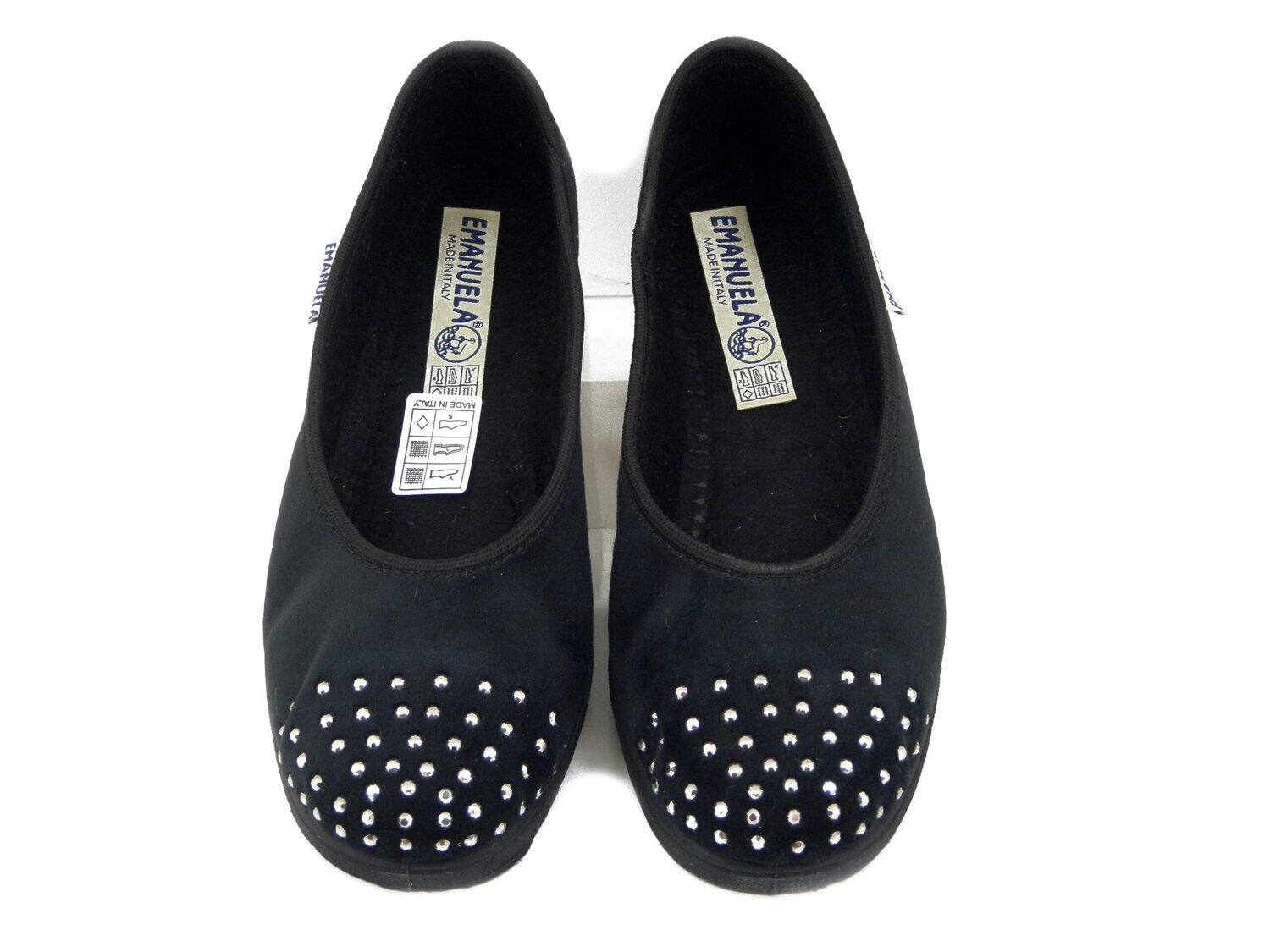 Ballerine Pantofole Donna in Velluto Nero con Strass, Zeppa Bassa Antiscivolo, Emanuela - 2024