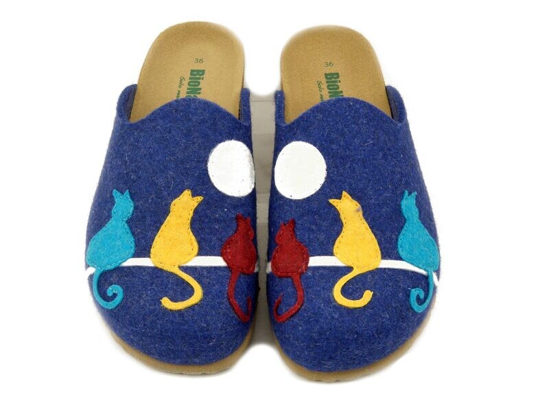 BIONATURA, Pantofole Donna invernale in Feltro Lana Blu con Gatti, Made in Italy, 12BLMOO BIONATURA, Pantofole Donna invernale in Feltro Lana Blu con Gatti, Made in Italy, 12BLMOO