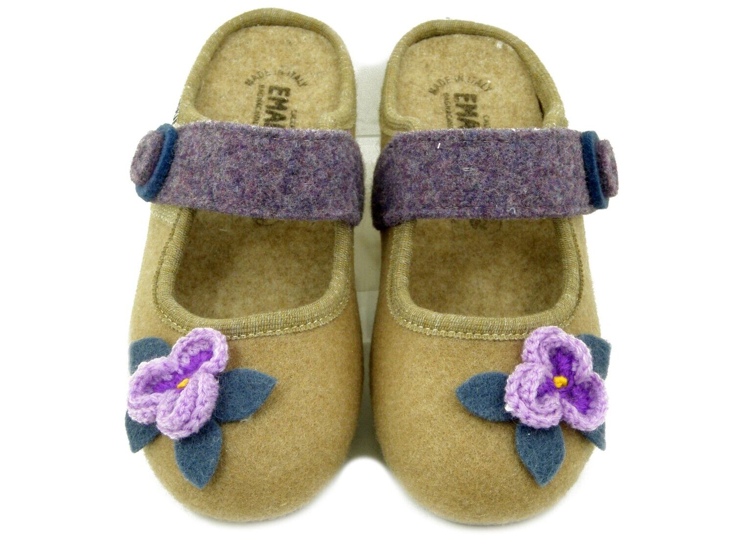 Pantofola Donna invernale in Feltro Lana Beige con Fiore e Strap, Plantare Estraibile, Emanuela - 1539