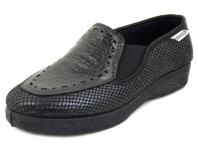 Scarpe Donna Mocassini Pantofola in Tessuto e Pelle Nero , Zeppa Bassa Antiscivolo, Emanuela - 2255