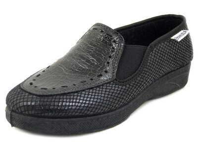 Scarpe Donna Mocassini Pantofola in Tessuto e Pelle Nero , Zeppa Bassa Antiscivolo, Emanuela - 2255