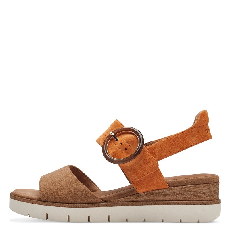 Sandalo Donna in Pelle Camoscio Marrone e Arancio con Strap, Zeppa Media 5 cm, Tamaris - 28206 Sandalo Donna in Pelle Camoscio Marrone e Arancio con Strap, Zeppa Media 5 cm, Tamaris - 28206