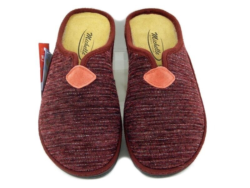 Pantofole Donna Invernali in Tessuto Rosso Bordeaux, Plantare in Pelle Estraibile, Zeppa Bassa - ROSITA Pantofole Donna Invernali in Tessuto Rosso Bordeaux, Plantare in Pelle Estraibile, Zeppa Bassa - ROSITA