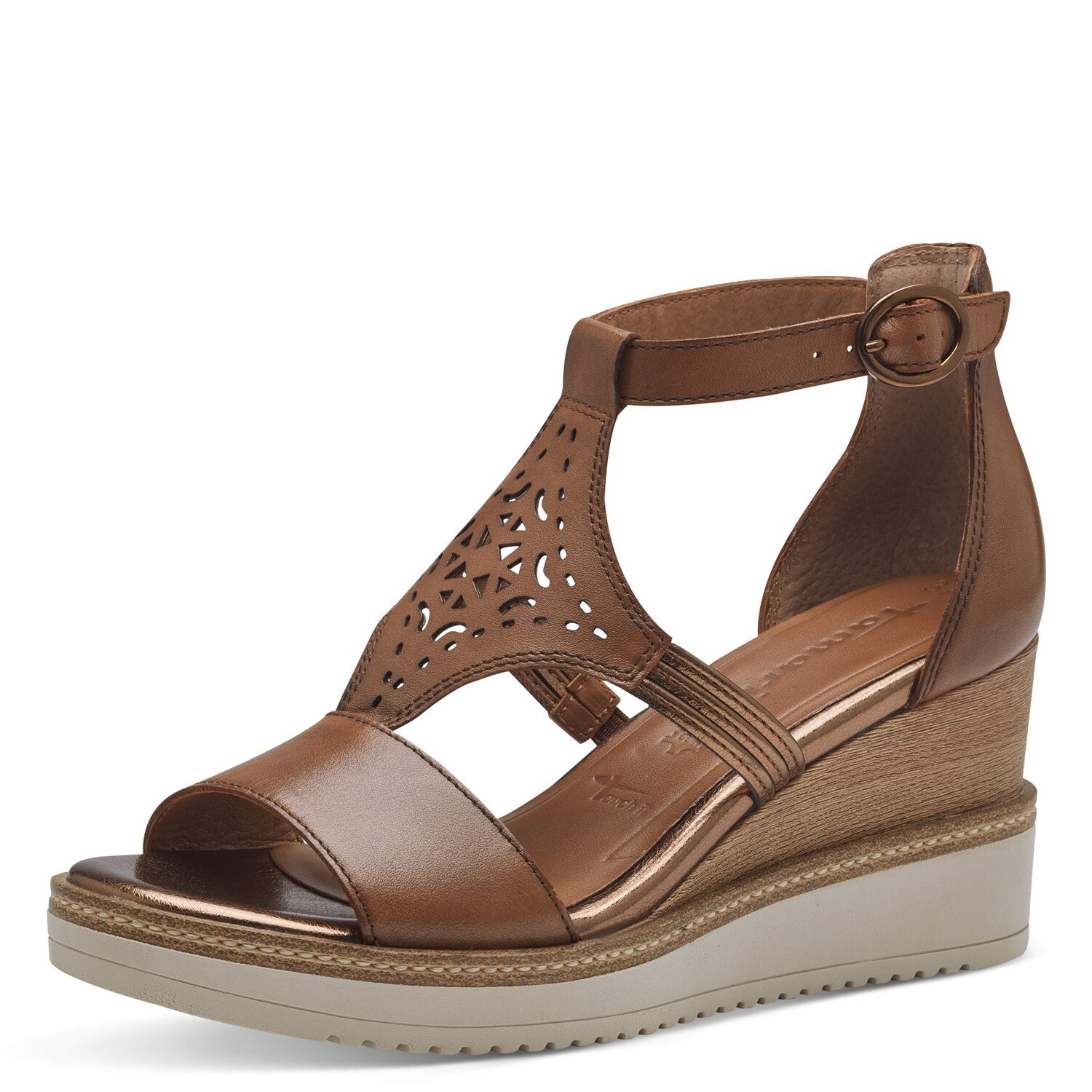 Sandali Donna in Pelle Marrone Cuoio, Zeppa Media 7 cm, Tamaris - 28214