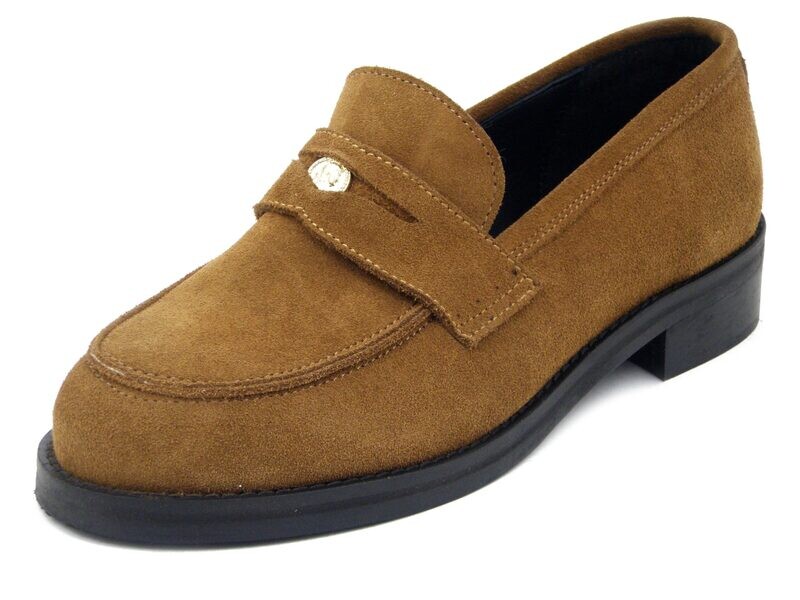 Mocassini Donna in Pelle Camoscio Marrone Cuoio, Tacco Basso 3 cm - CLARAPE