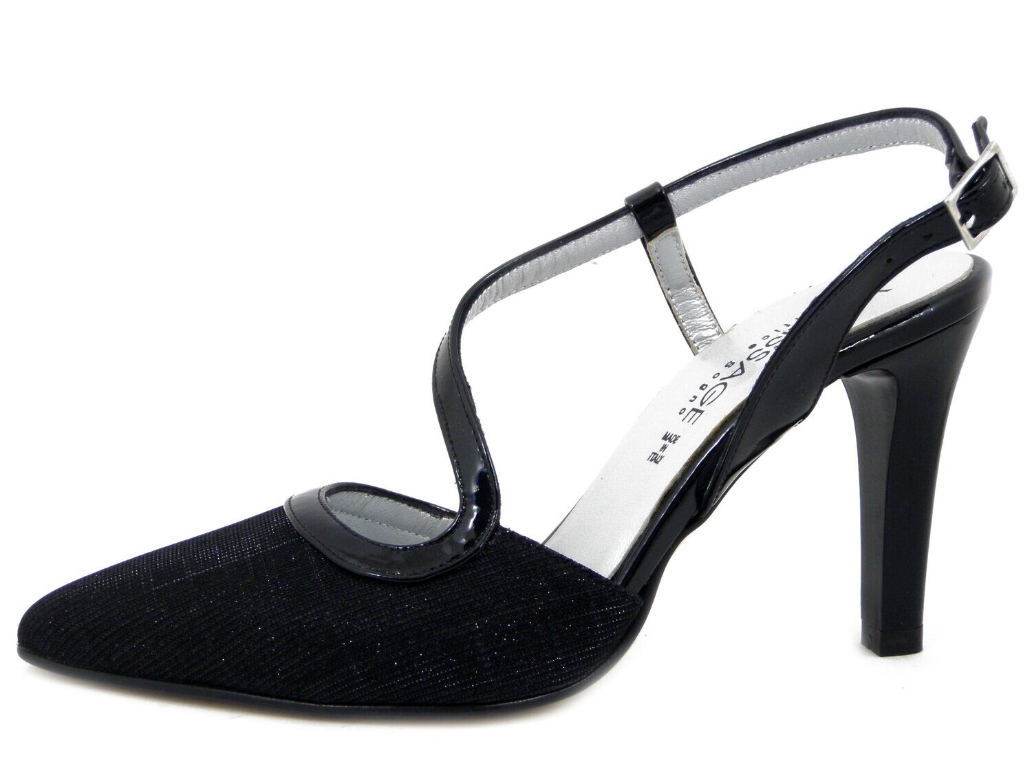 Decolletè Sling Back in Tessuto Glitter e Pelle Lucida Nero, Tacco Alto 9 cm, Vernissage di Soffice Sogno - 22174
