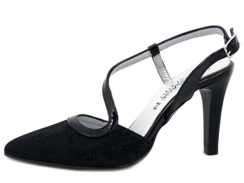 Decolletè Sling Back in Tessuto Glitter e Pelle Lucida Nero, Tacco Alto 9 cm, Vernissage di Soffice Sogno - 22174
