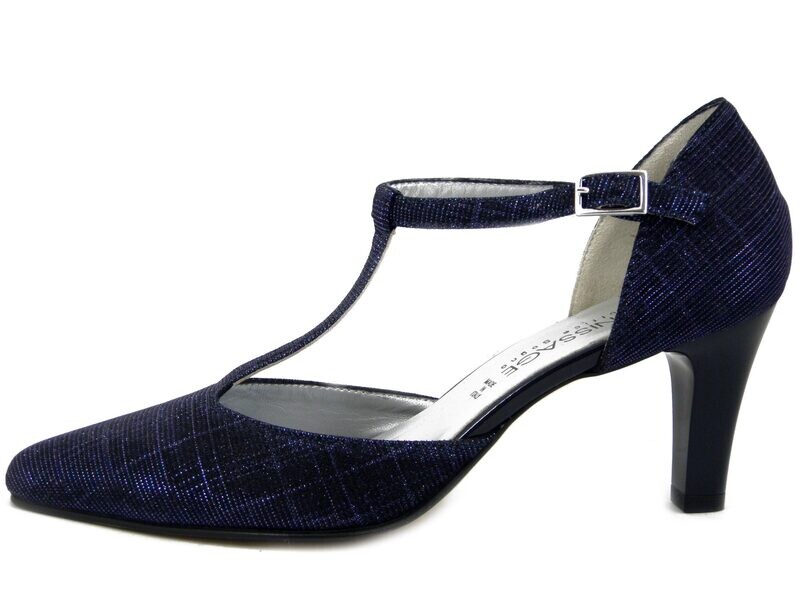 Decolletè Donna con Cinturino in Pelle e Tessuto Glitter Blu, Tacco Medio 7 cm, Vernissage di Soffice Sogno - 9365