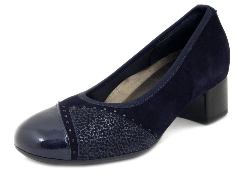 Scarpe Donna Decolletè in Pelle e Camoscio Blu, Tacco Basso, Plantare Estraibile, Pianta Larga, Soffice Sogno - EST11