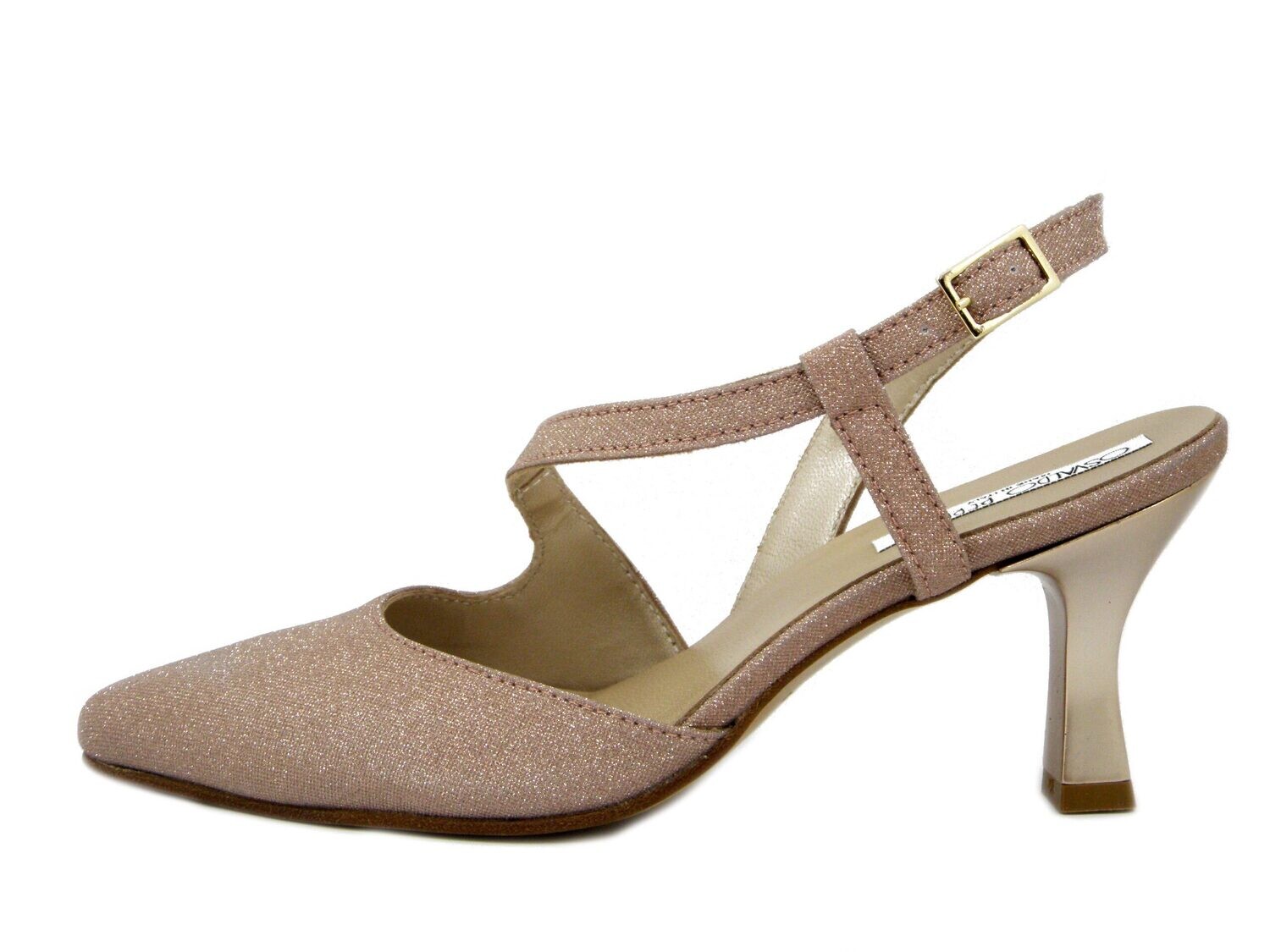 Scarpe Donna Eleganti DecolletÃ¨ Sling Back in Pelle e Tessuto Glitter Rosa Cipria, Tacco Medio 7 cm, Osvaldo Pericoli - 24050