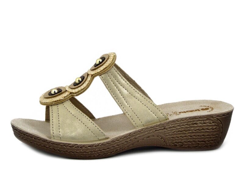 Ciabatte Donna in Eco Pelle Beige, Sottopiede Vera Pelle, Zeppa Bassa, INLBU - GL60 Ciabatte Donna in Eco Pelle Beige, Sottopiede Vera Pelle, Zeppa Bassa, INLBU - GL60