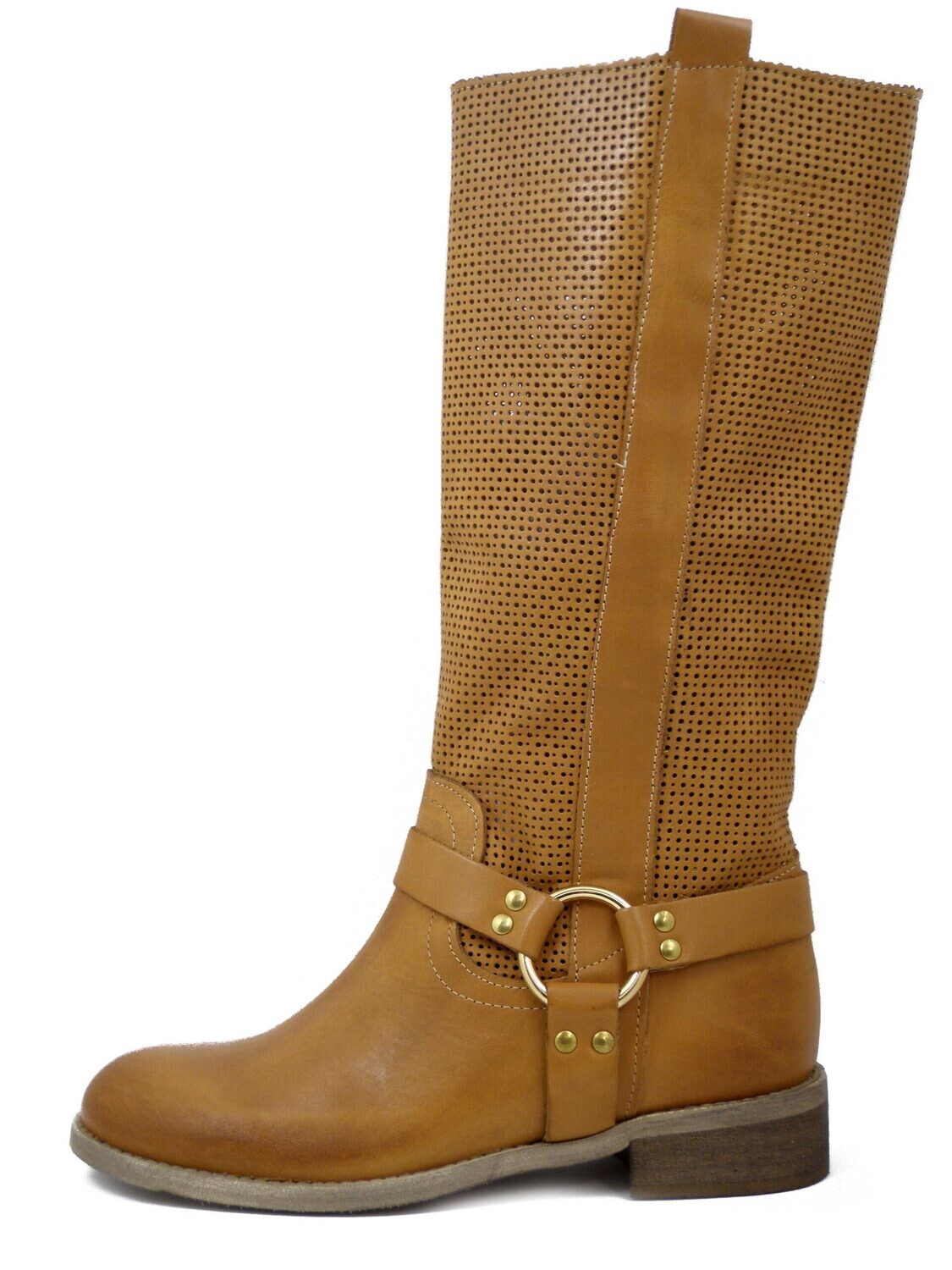 Stivali Donna Estivi in Pelle Marrone Cuoio, Tacco Basso, Made in Italy, FOX36