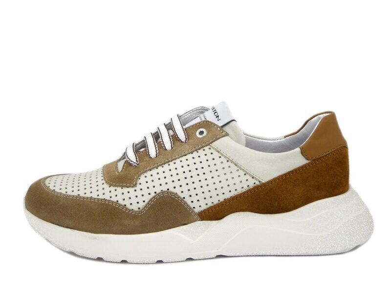 Sneakers Uomo in Pelle Bianco e Marrone, Plantare Estraibile, EXTON - 844