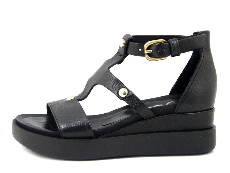 Sandali Donna in Pelle Nero con Borchie, Zeppa Media 5 cm, MJUS - T18014 Sandali Donna in Pelle Nero con Borchie, Zeppa Media 5 cm, MJUS - T18014