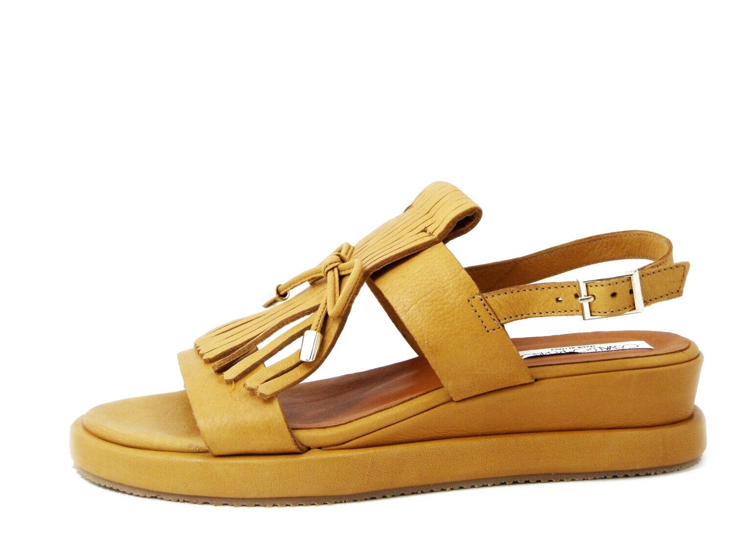 Sandalo Donna in Pelle Marrone Beige con Frangia, Zeppa Bassa 4 cm, OSVALDO PERICOLI - 10024BE