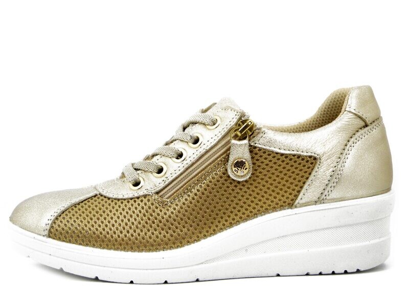 Sneakers Donna Comfort in Pelle e Tessuto Oro Platino con cerniera, Zeppa Bassa, Sottopiede Estraibile, IMAC - 555590 Sneakers Donna Comfort in Pelle e Tessuto Oro Platino con cerniera, Zeppa Bassa, Sottopiede Estraibile, IMAC - 555590