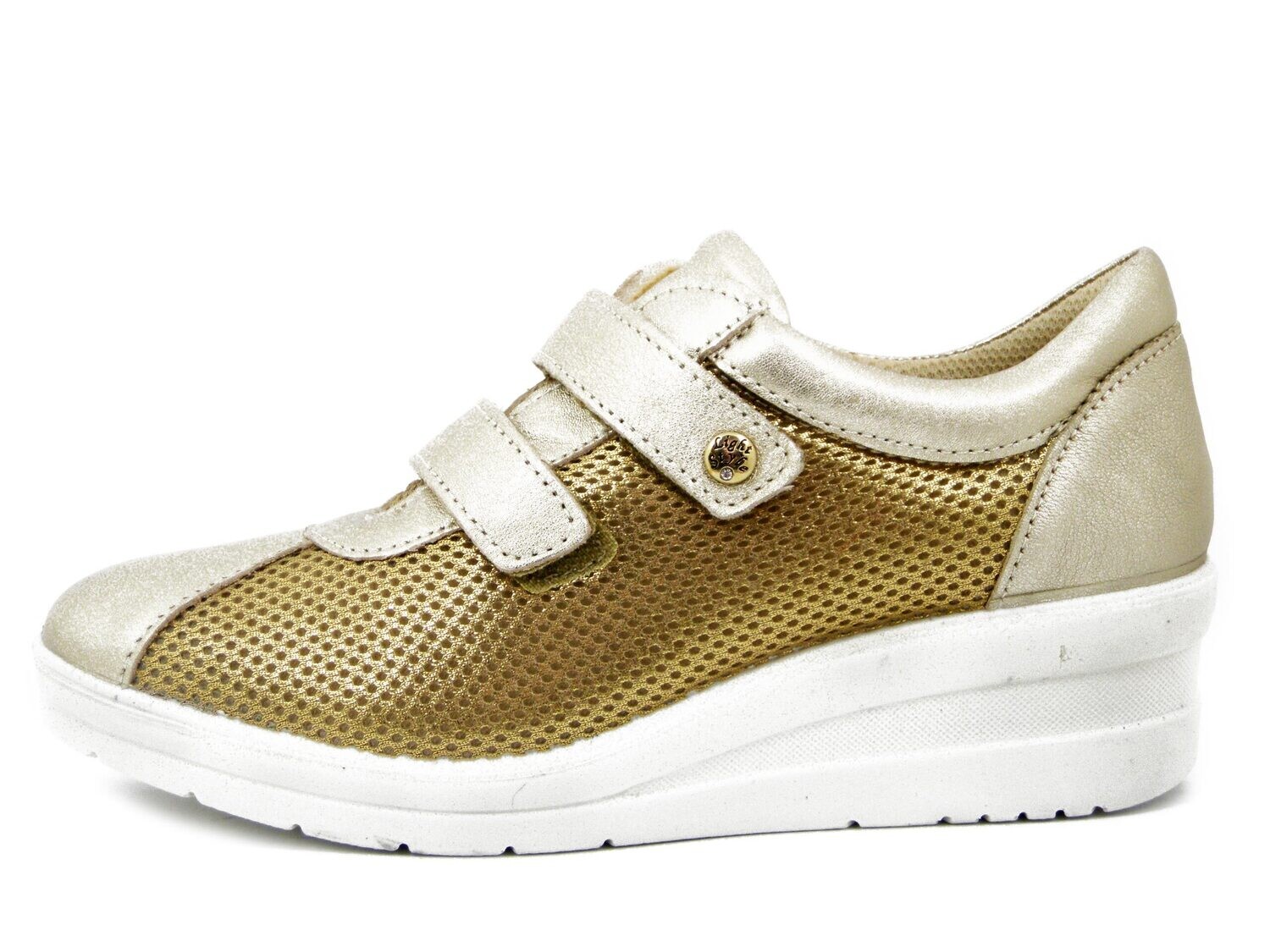 Sneakers Donna Comfort in Tessuto e Pelle Oro Platino, Chiusura a Strap, Zeppa Bassa, IMAC - 555600
