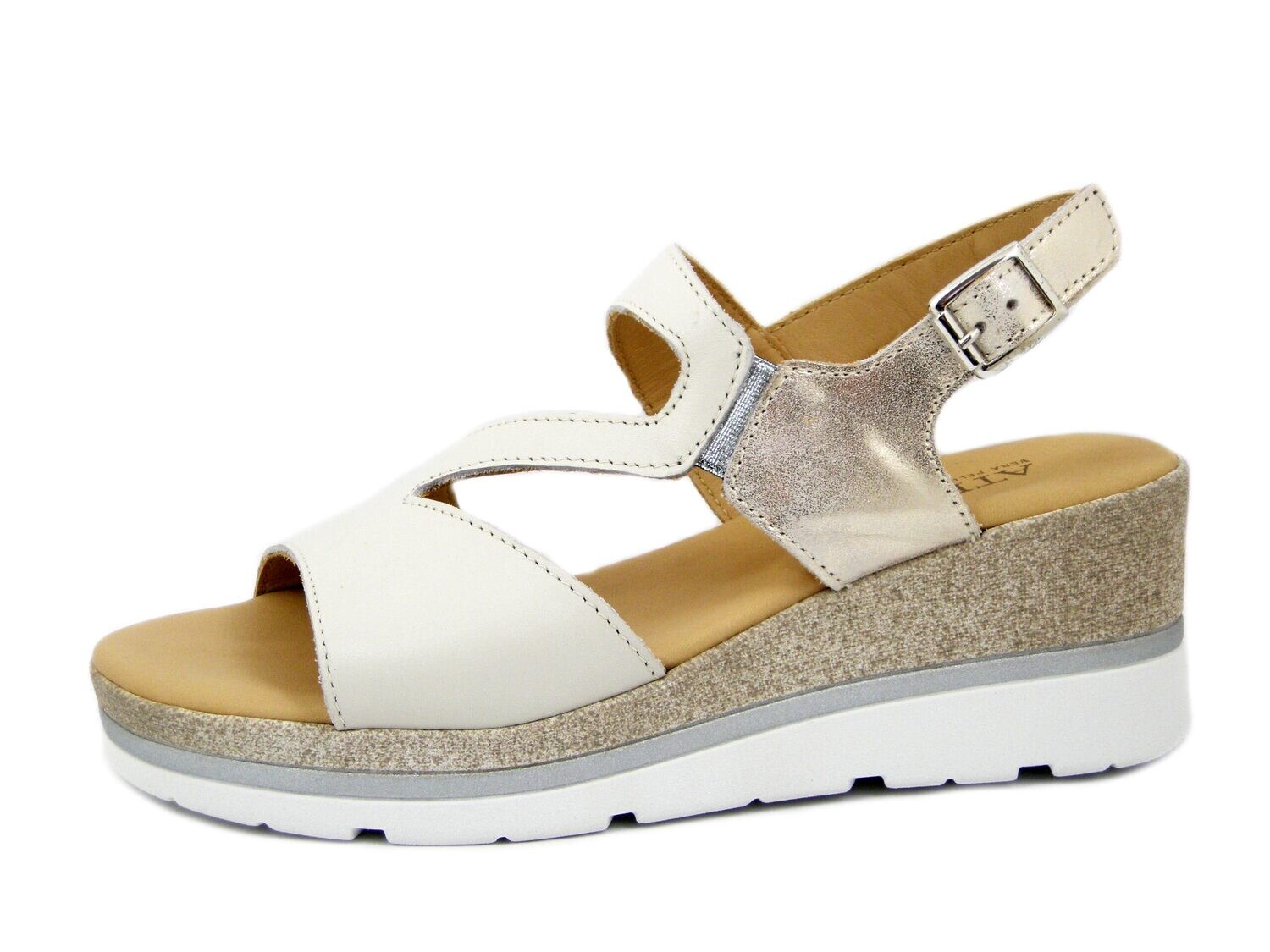 Sandali Donna in Pelle Bianco, Zeppa Media, Pianta Comoda, ATEMA - 10887