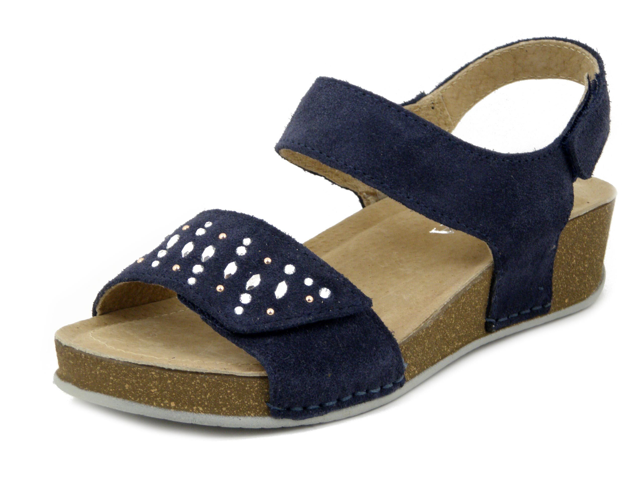 Sandali Donna in Pelle Camoscio Blu con Strap, Zeppa Bassa, Pianta Comoda, ATEMA -7739