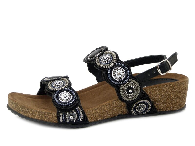 Sandali Donna Gioiello con Perline e Strass Nero e Argento, Doppio Strap, Zeppa Bassa, CINZIA SOFT - IT1014 Sandali Donna Gioiello con Perline e Strass Nero e Argento, Doppio Strap, Zeppa Bassa, CINZIA SOFT - IT1014