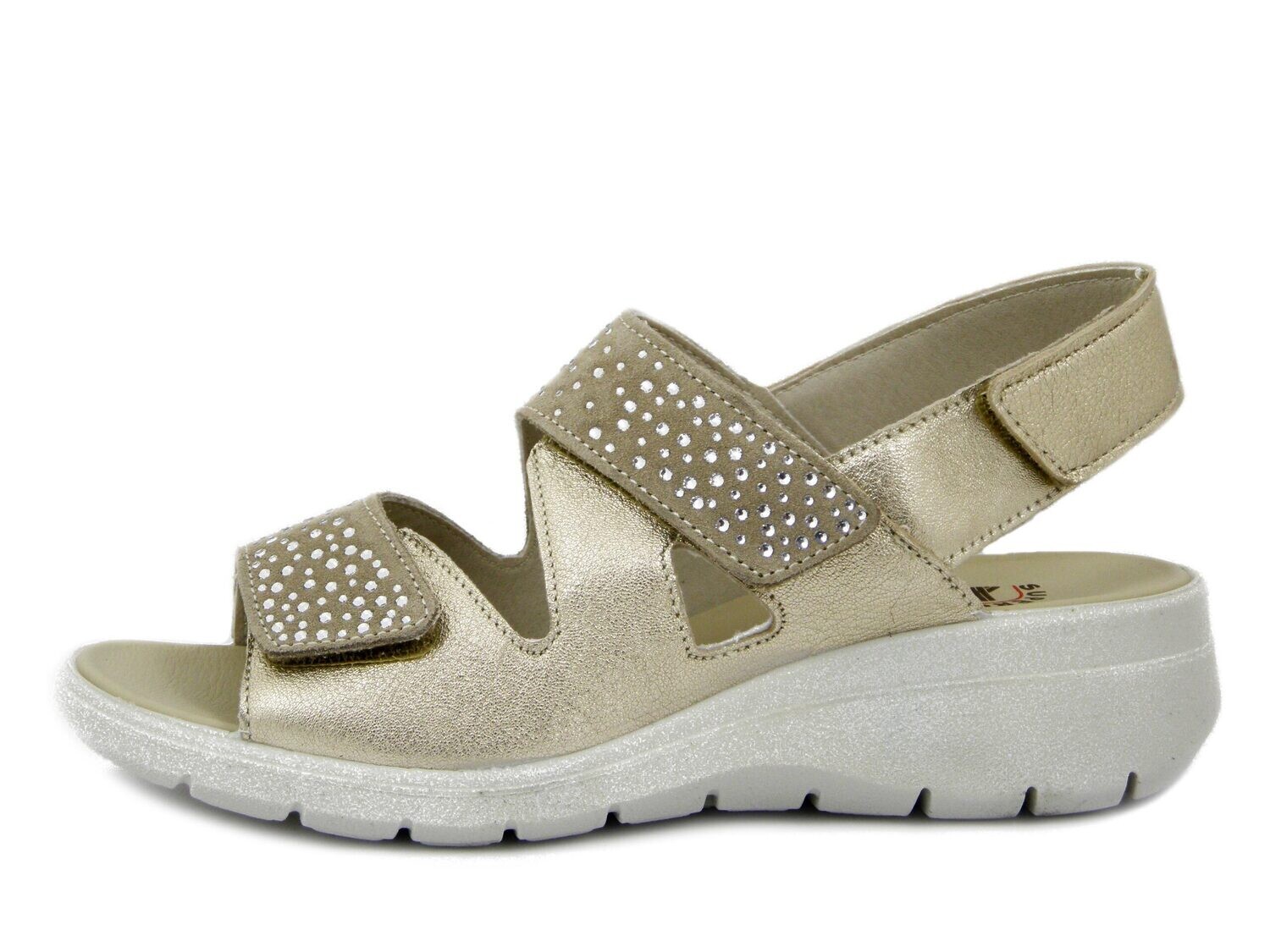 Sandali Donna in Pelle Beige e Oro con Strap, Zeppa Bassa, Pianta Larga, Imac - 557400