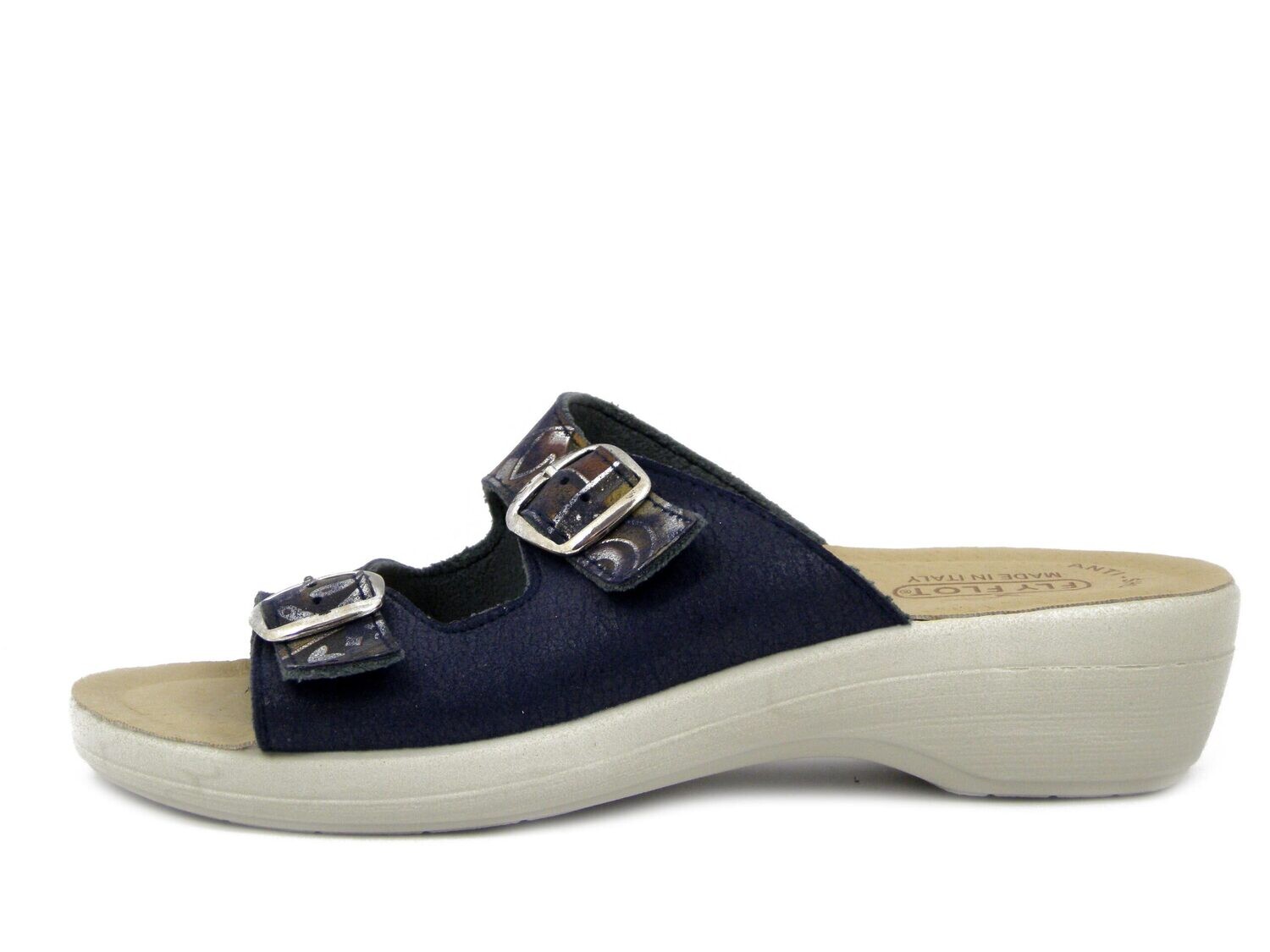 Ciabatte Donna in Eco Pelle Blu con Fibbie, Sottopiede Anatomico in Vera Pelle, Zeppa Bassa, FlyFlot - T5C33