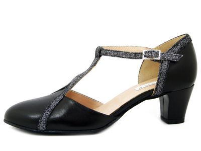Scarpe Donna da Ballo in Pelle Nero e Glitter, Tacco Medio Basso 5 cm, Made in Italy - EB200 Scarpe Donna da Ballo in Pelle Nero e Glitter, Tacco Medio Basso 5 cm, Made in Italy - EB200