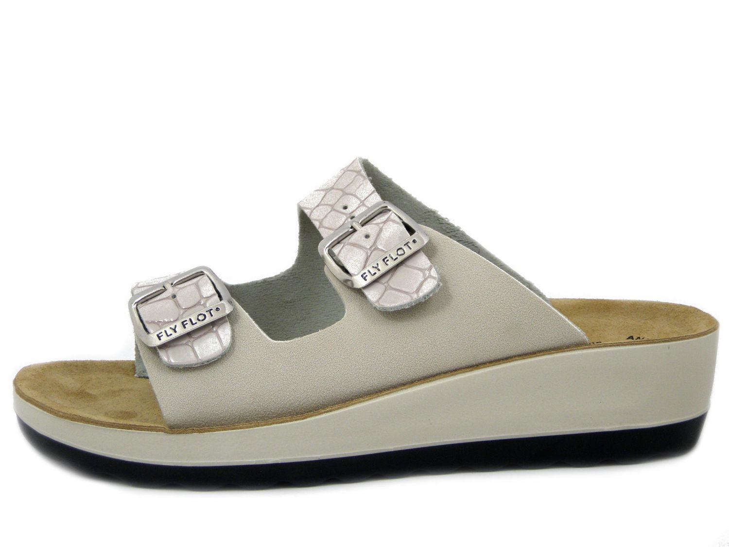 Ciabatte Donna in Eco Pelle Bianco Avorio con Fibbie, Sottopiede Anatomico in Vera Pelle,  Zeppa Bassa, FlyFlot - 42G64
