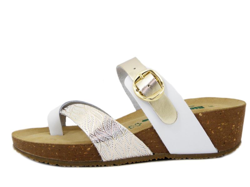 Sandali Donna Infradito in Pelle Bianco e Oro, Zeppa Bassa 4 cm, BIONATURA - 28A729X Sandali Donna Infradito in Pelle Bianco e Oro, Zeppa Bassa 4 cm, BIONATURA - 28A729X