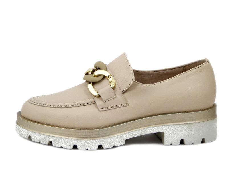 Mocassini Donna in Pelle Beige Nude con Catena, Tacco Basso 4 cm, Osvaldo Pericoli - 24173 Mocassini Donna in Pelle Beige Nude con Catena, Tacco Basso 4 cm, Osvaldo Pericoli - 24173