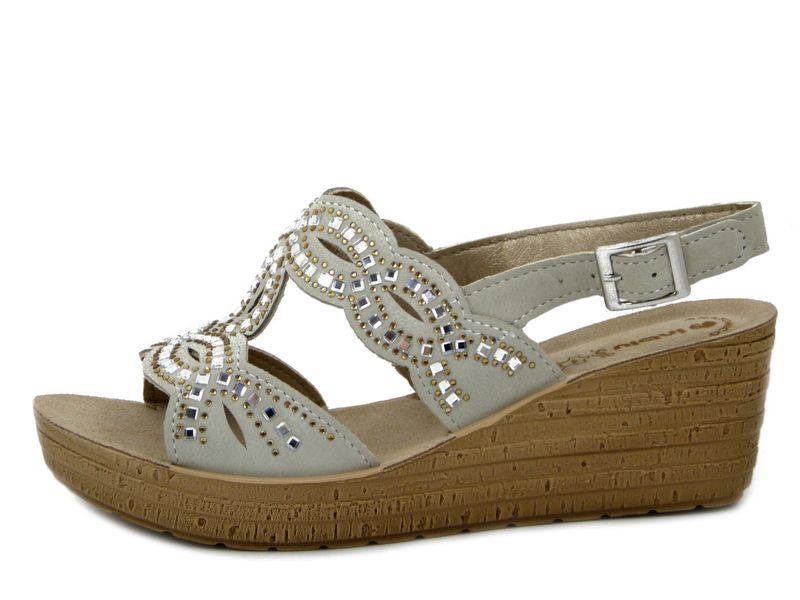 Sandali Donna in Eco Pelle Grigio Ghiaccio con Strass, Zeppa Media 6 cm e Plateau, Inblu - GM50