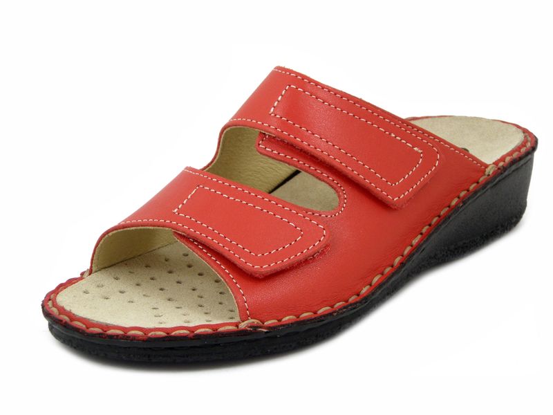 Sandali Donna Ciabatta Comfort Linea Ortopedica in Pelle Rosso, Doppio Strap, Plantare Estraibile, Zeppa Bassa, CINZIA SOFT - 2412
