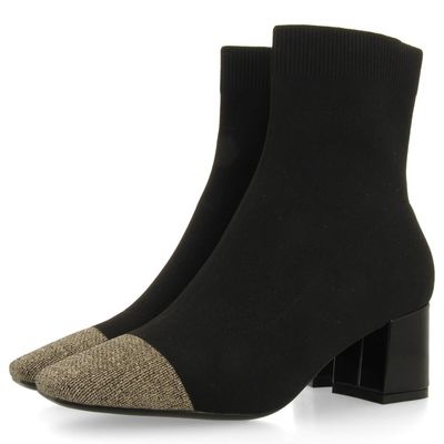 Stivaletti Donna in Tessuto Elasticizzato Nero e Oro, Tacco Medio 6 cm, GIOSEPPO - 73653