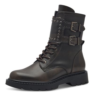 Stivaletti Donna Anfibi Vegan Marrone Scuro con Borchie,Tacco Basso, Tamaris - 25238