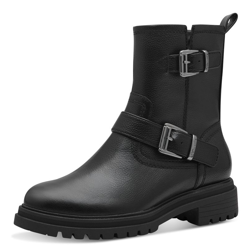 Stivaletti Donna in Pelle Nero con Fibbie, Tacco Basso 3 cm, Plantare Memory Estraibile, Tamaris - 25480