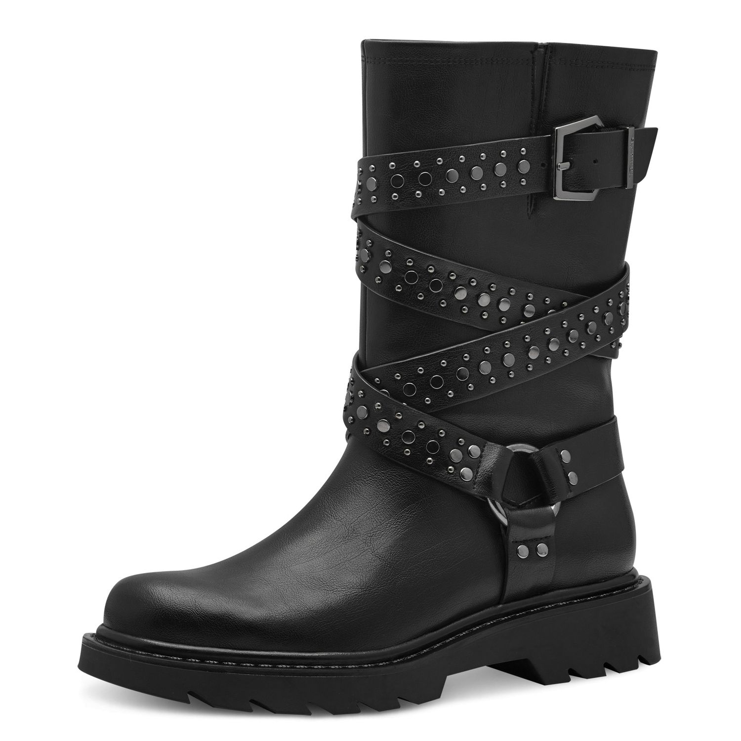 Stivali Donna Vegan Biker Nero con Borchie, Tacco Basso, Tamaris - 25466