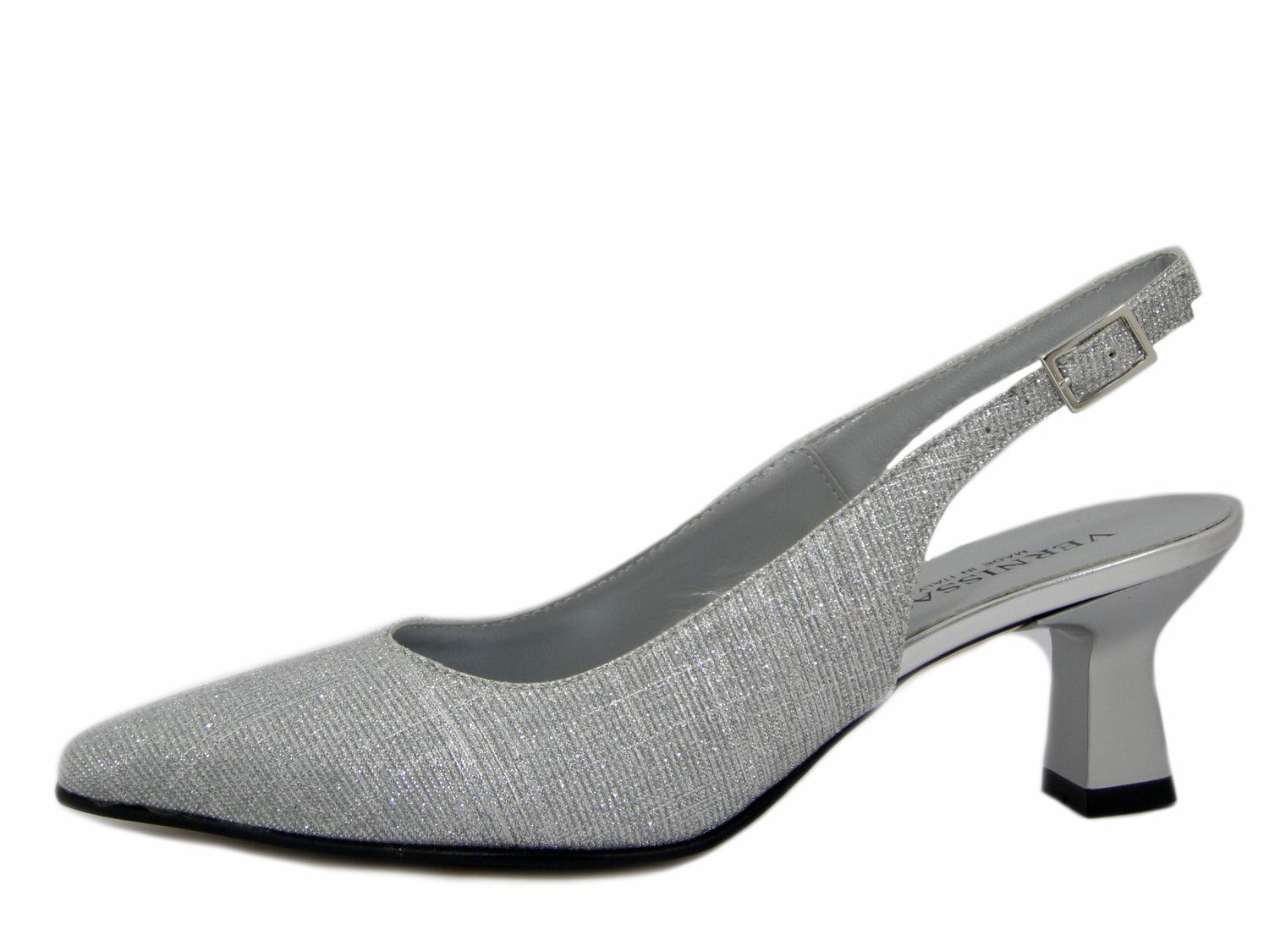 Scarpe Donna DecolletÃ¨ Sling Back in Pelle e Tessuto Glitter Argento, Tacco Medio 6 cm, Osvaldo Pericoli - 23652