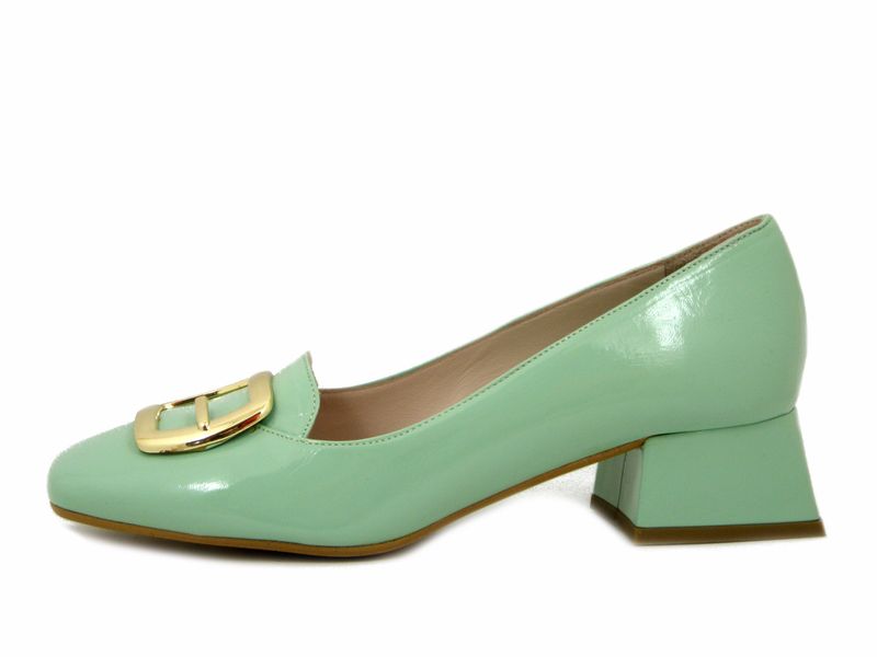 Mocassini Donna in Pelle Lucida Verde Acqua, Tacco Basso 4 cm - 13T