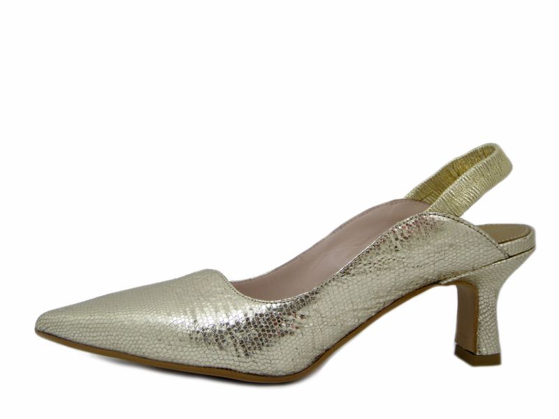 Decolletè Sling Back in Pelle Oro Platino, Tacco Medio 5,5 cm - 17T