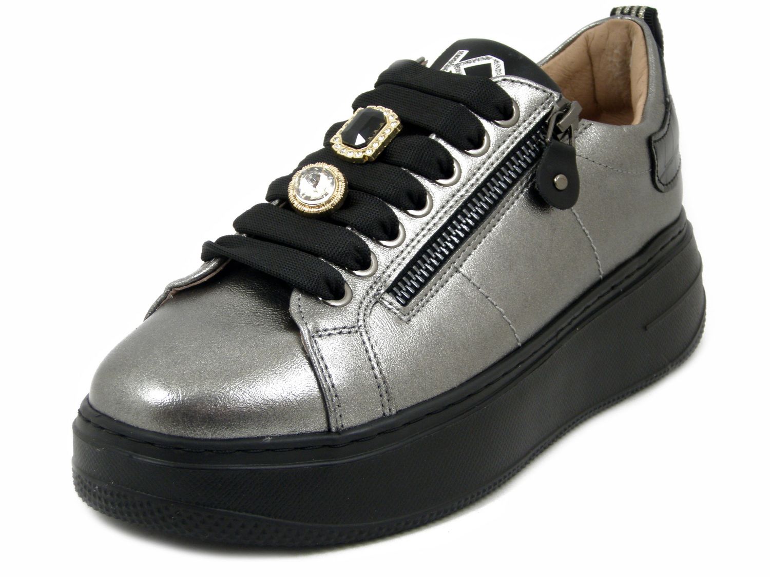 Sneakers Donna Gioiello in Eco Pelle Grigio Canna di Fucile, Plantare Estraibile, KEYS - K9880