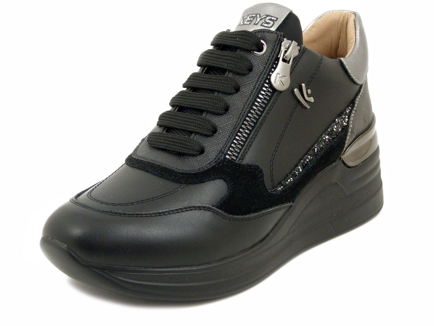 Sneakers Donna in Pelle Nero con Glitter, Zeppa Media 6 cm, Plantare Estraibile, KEYS - K9812