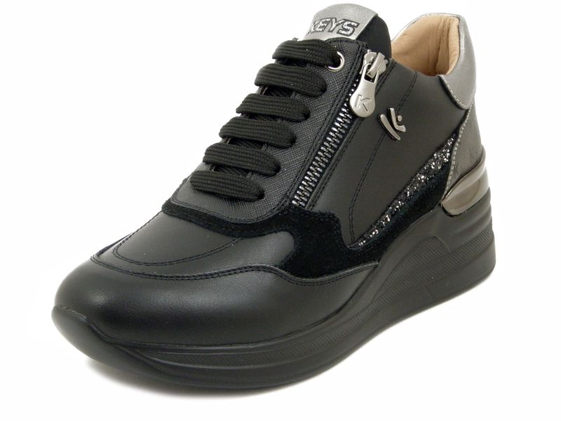 Sneakers Donna in Pelle Nero con Glitter, Zeppa Media 6 cm, Plantare Estraibile, KEYS - K9812