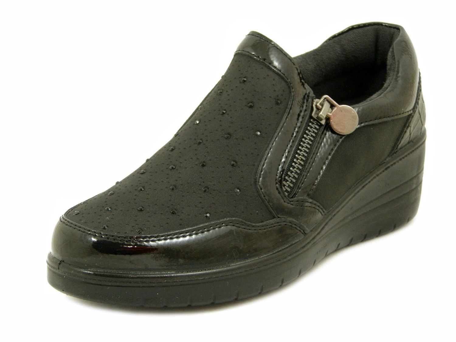 Mocassini Donna Comfort in Eco Pelle Nero con Strass, Zeppa Bassa, Plantare Estraibile, MYSOFT - M515
