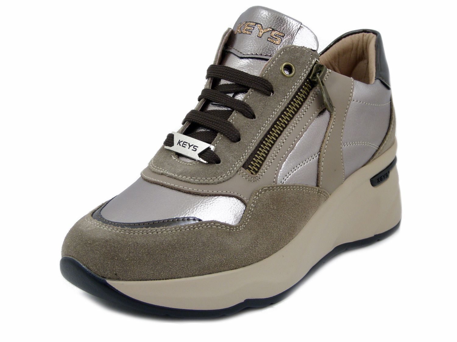 Sneakers Donna Beige e Bronzo, Zeppa Media 6 cm, Plantare Estraibile, KEYS - K9820