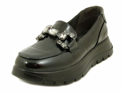 Mocassini Donna Gioiello in Eco Pelle Lucida Nero, Zeppa Bassa, Plantare Estraibile, MYSOFT - 24M625