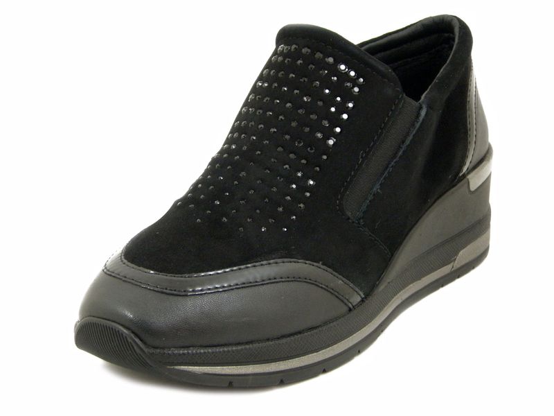 Slipon Donna in Pelle Camoscio Nero con Strass, Zeppa Media 5 cm, Sottopiede Estraibile - SILVIA561 Slipon Donna in Pelle Camoscio Nero con Strass, Zeppa Media 5 cm, Sottopiede Estraibile - SILVIA561