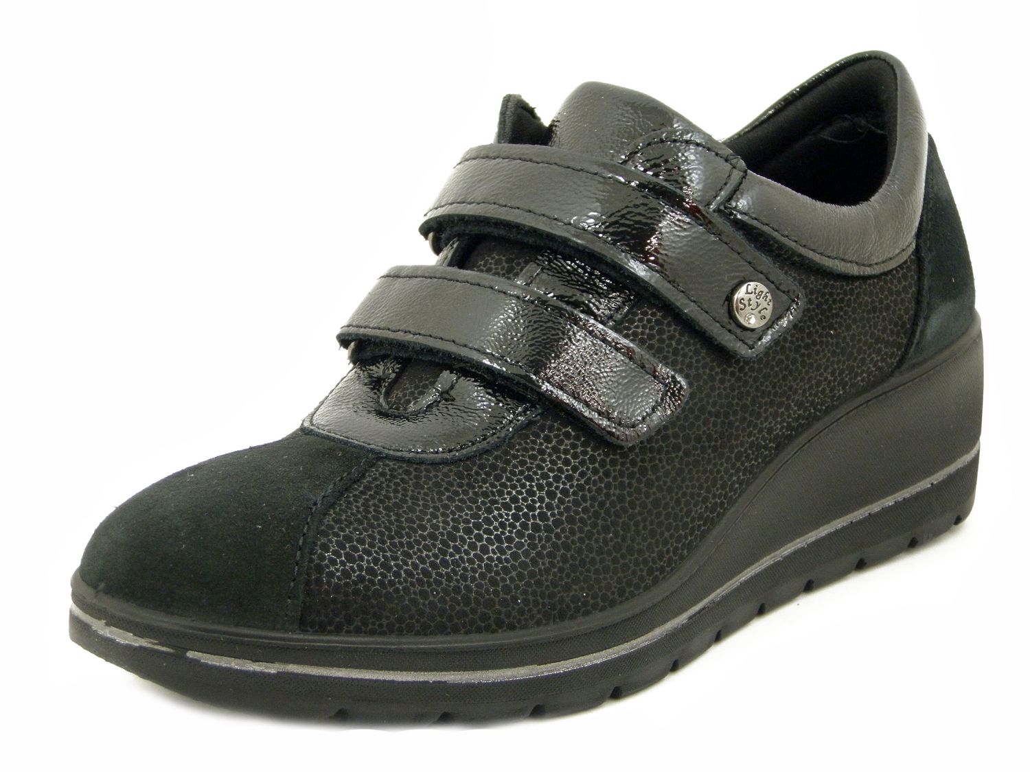 Sneakers Donna Comfort in Pelle e Tessuto Elasticizzato Nero con Strap, Zeppa Bassa, Imac - 655750
