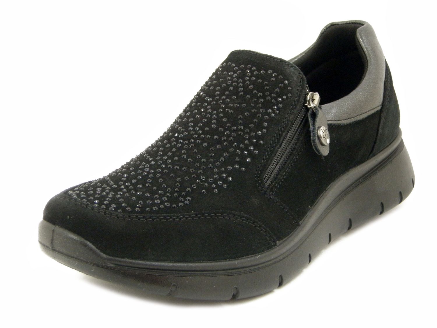Slipon Donna in Pelle Camoscio Nero con Strass, Zeppa Bassa, Pianta Larga, IMAC - 656170