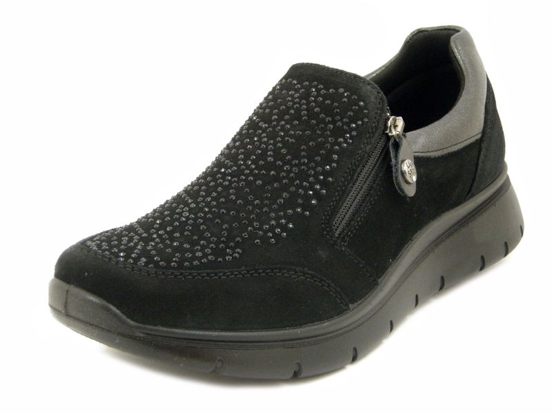 Slipon Donna in Pelle Camoscio Nero con Strass, Zeppa Bassa, Pianta Larga, IMAC - 656170