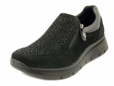 Slipon Donna in Pelle Camoscio Nero con Strass, Zeppa Bassa, Pianta Larga, IMAC - 656170